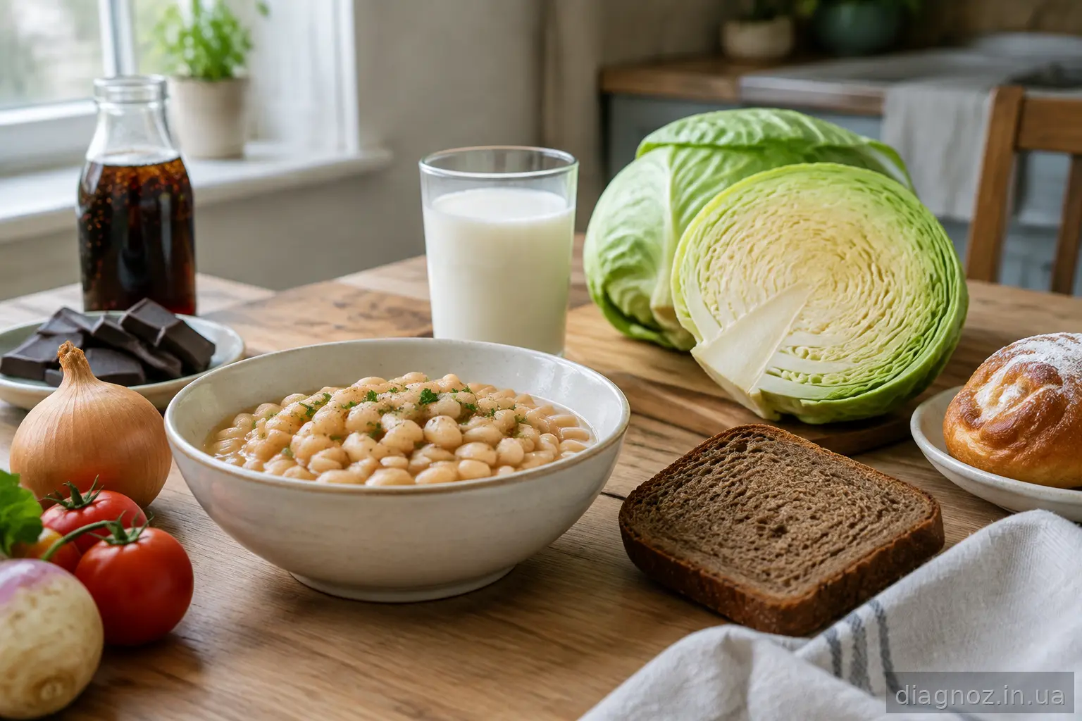 Продукти, які найчастіше провокують здуття живота: бобові, капуста, молоко, чорний хліб