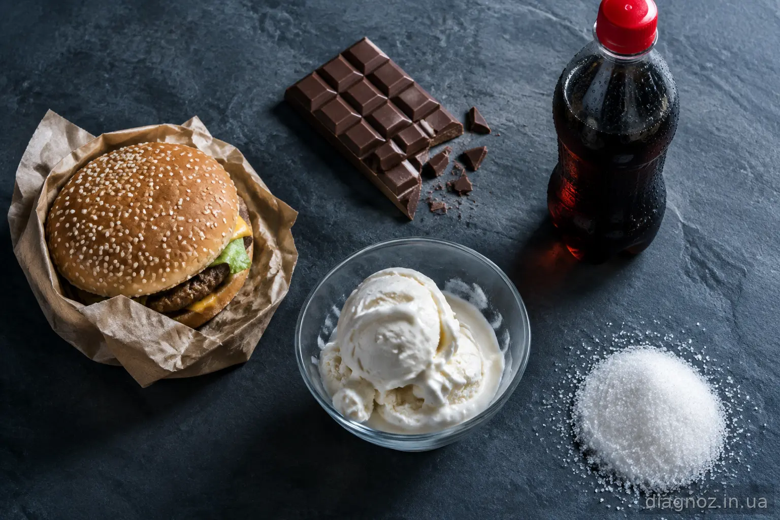 Заборонені при СРК продукти: фастфуд, шоколад, морозиво, солодкий напій і цукор