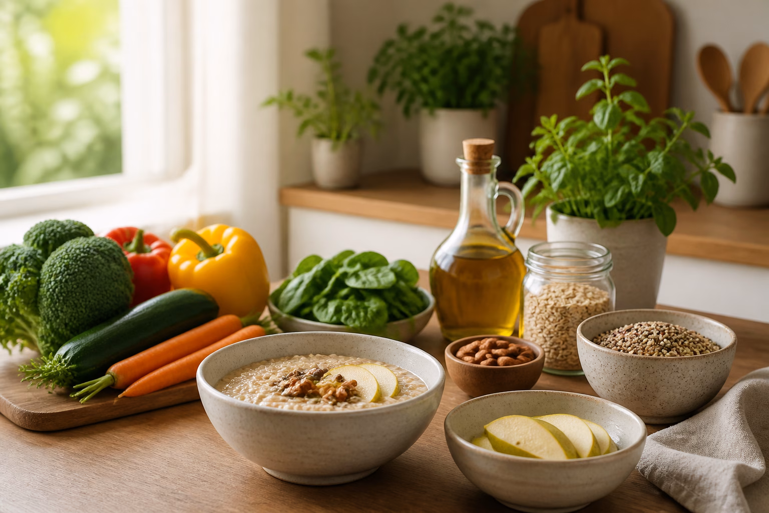 Свіжі овочі та цільнозернові продукти для дієти при холециститі