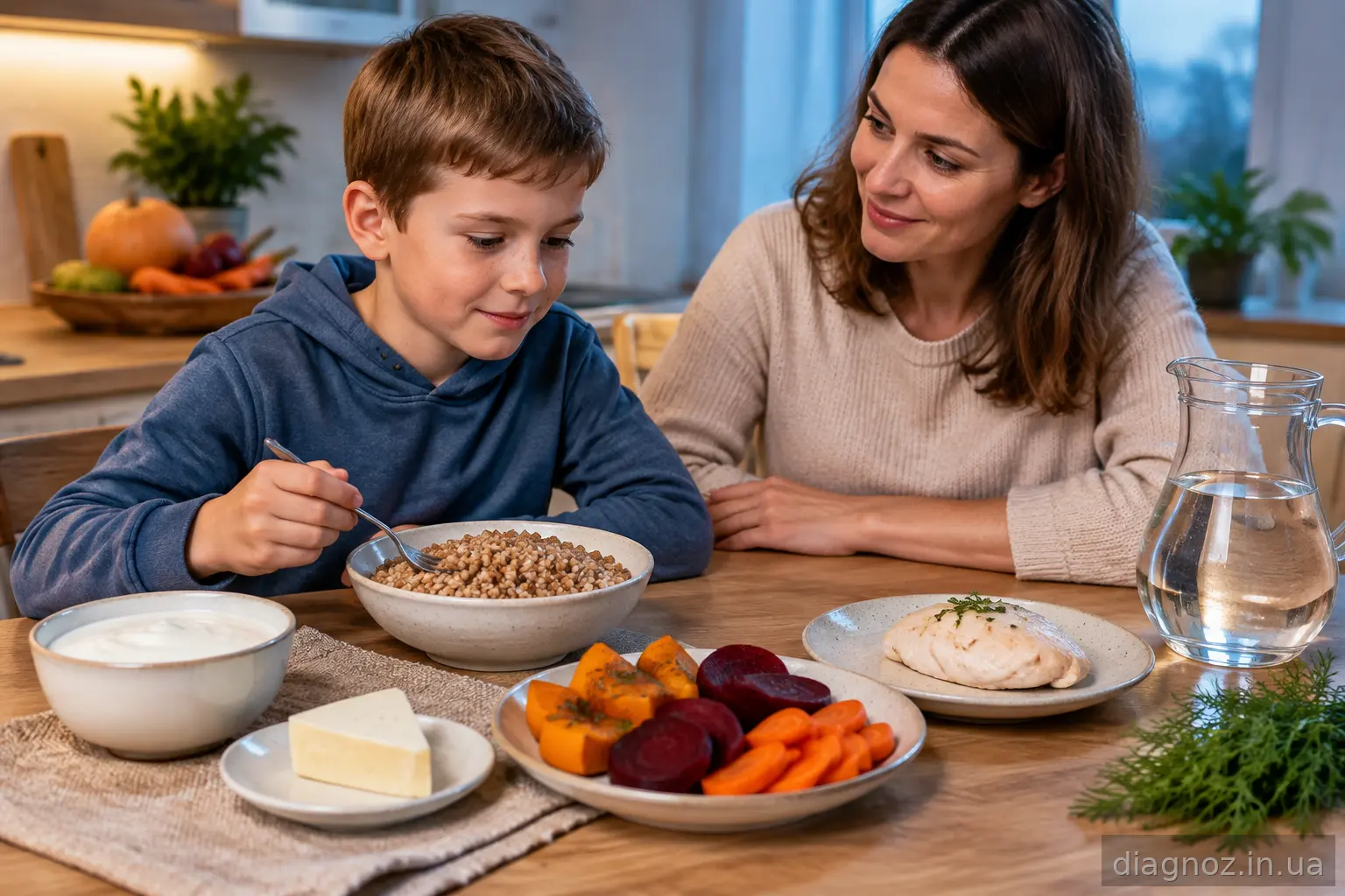 Корисні при метеоризмі продукти на кухонному столі: кефір, каша, гарбуз, буряк, морква