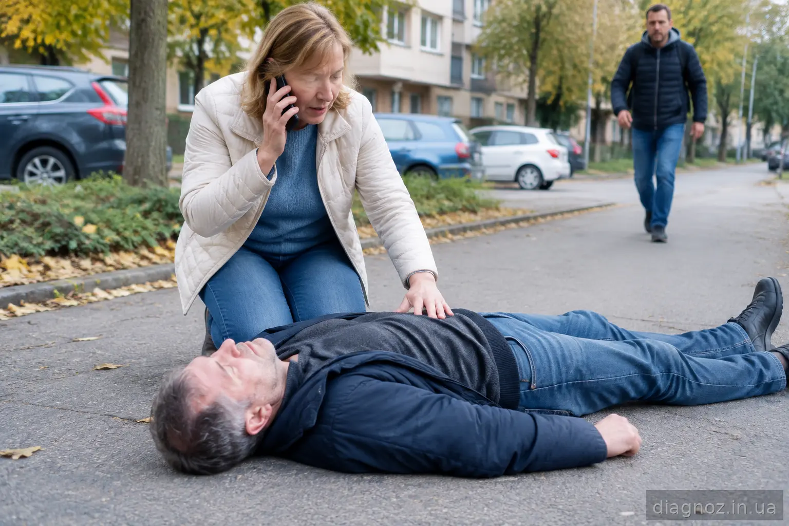 Жінка викликає швидку допомогу біля людини без свідомості на вулиці