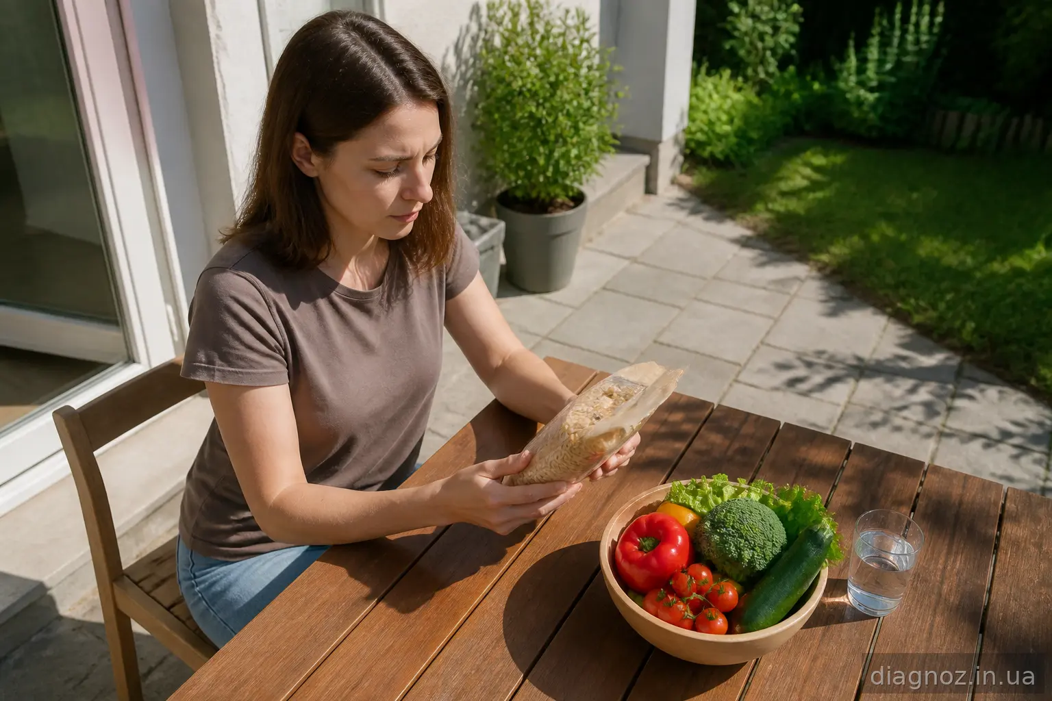 Жінка уважно читає етикетку продукту, обираючи безпечну їжу