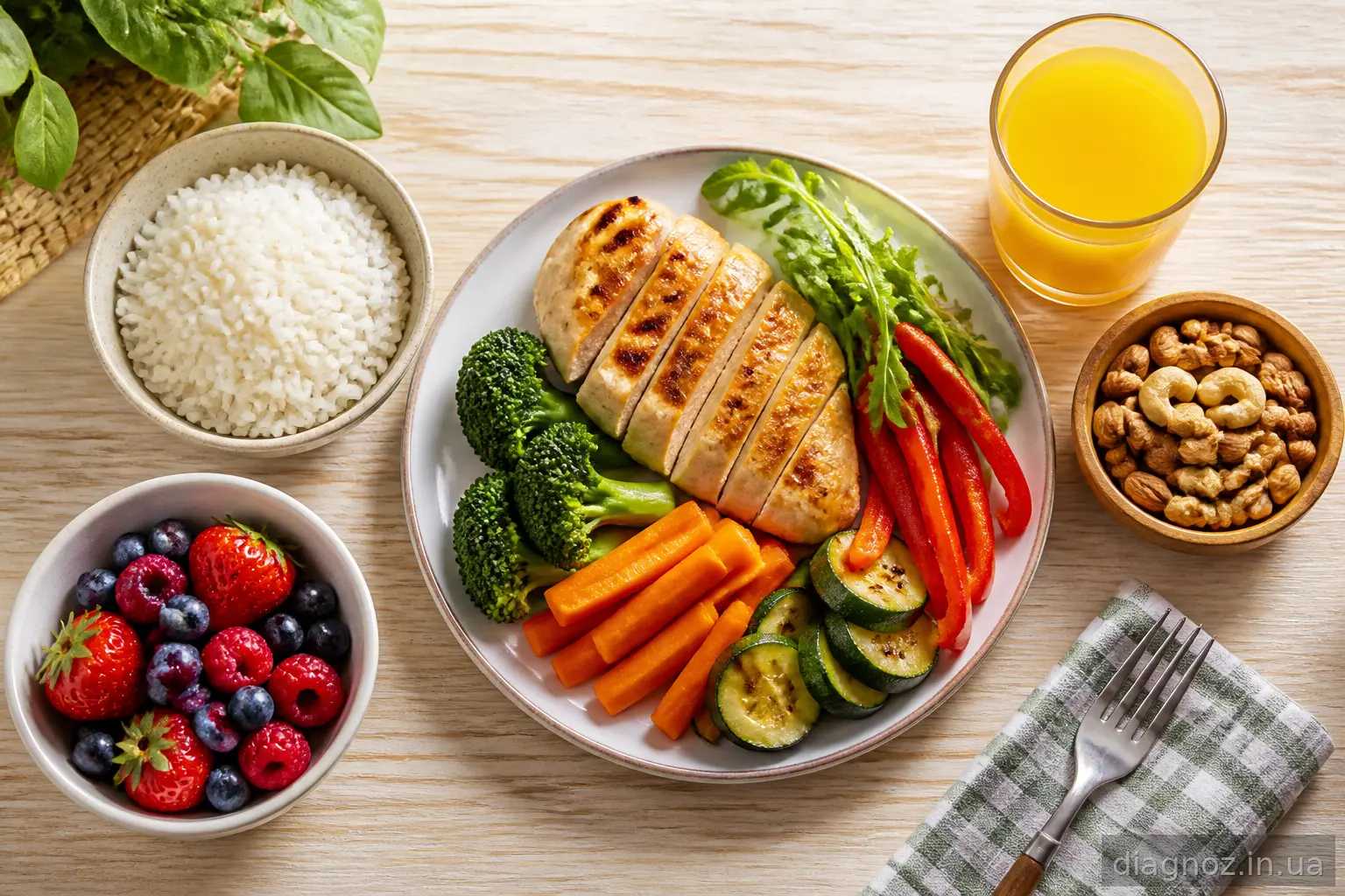 Різноманітні безглютенові продукти: курка, овочі, рис, ягоди та горіхи