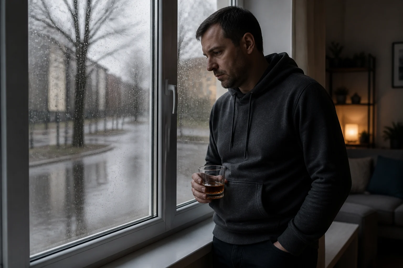 Людина зі склянкою алкоголю біля вікна, що символізує ослаблений імунітет