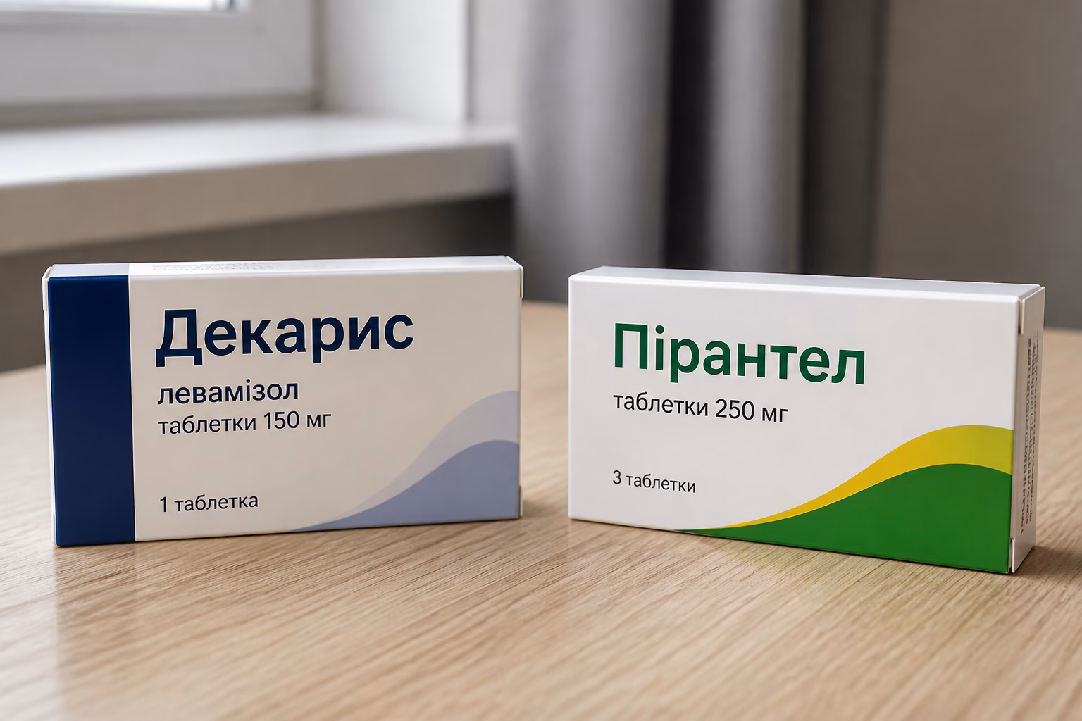 Упаковки Декарису та Пірантелу на світлому дерев’яному столі