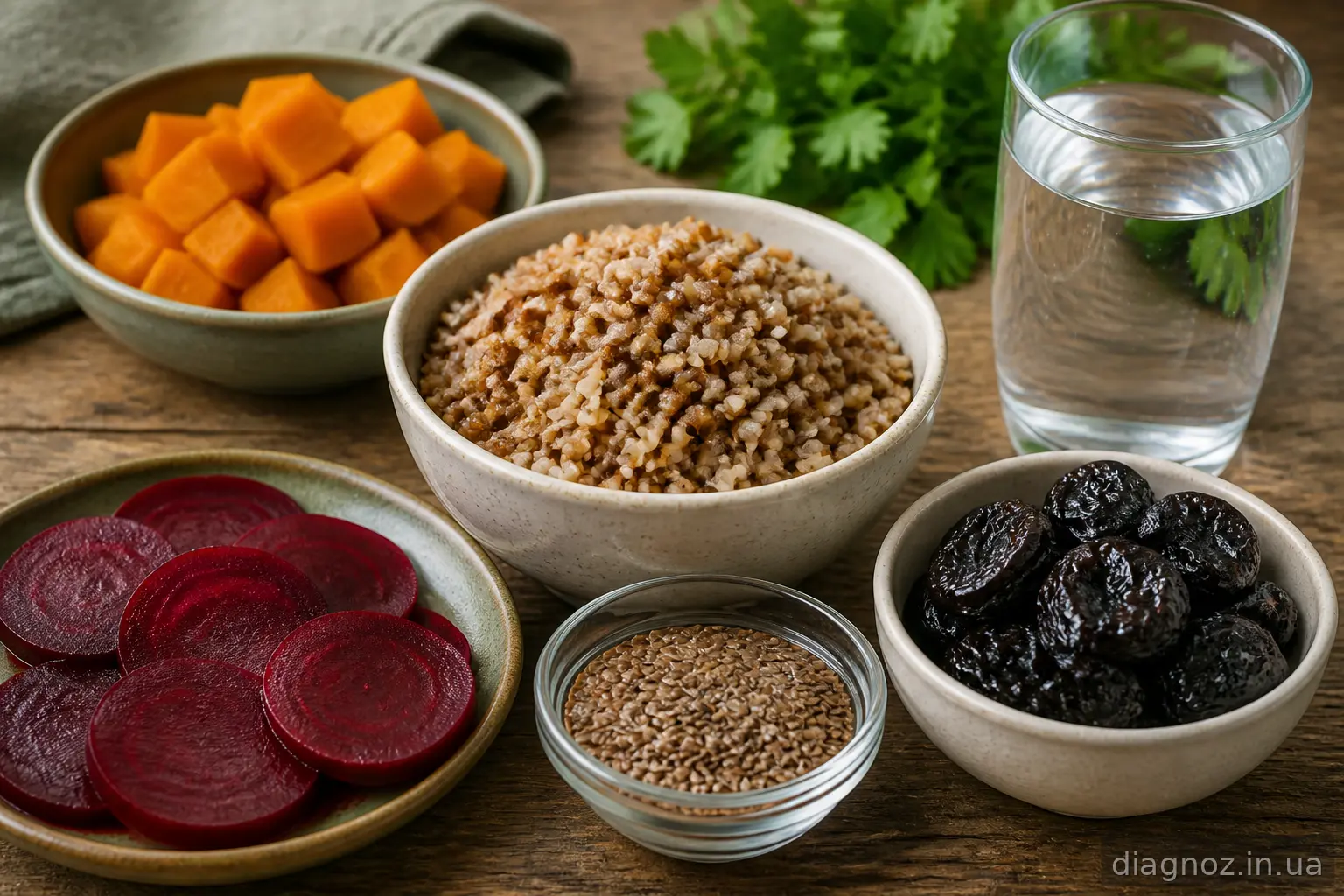 Продукти, багаті на клітковину: гречка, буряк, гарбуз, чорнослив, насіння льону та мінеральна вода