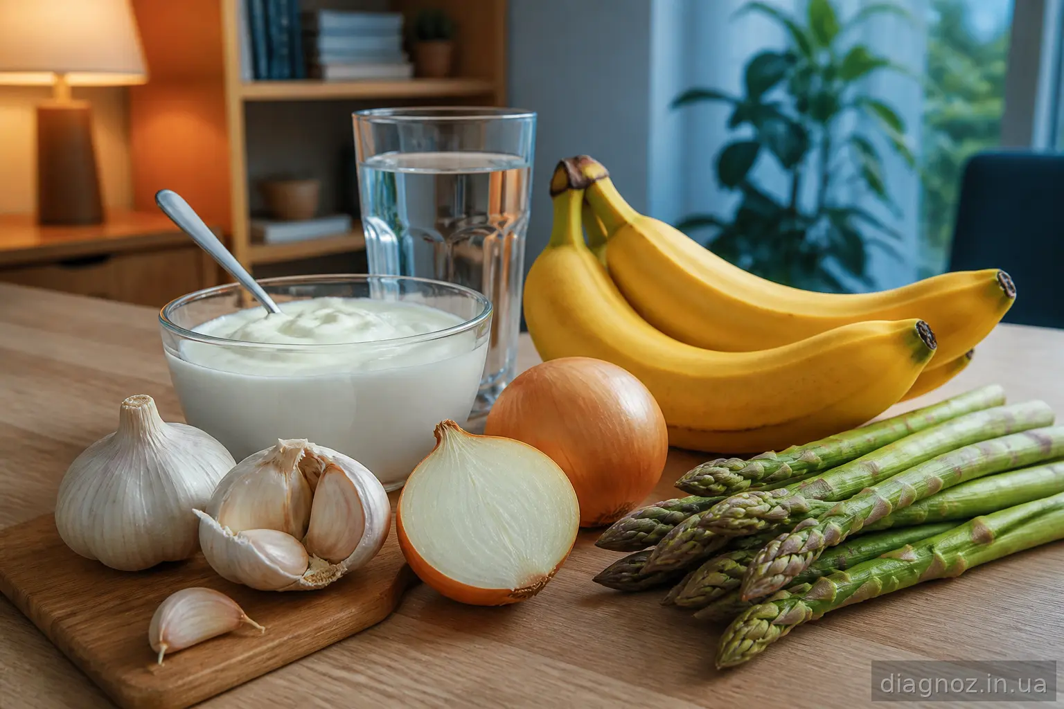 Продукти, багаті на пребіотики: йогурт, банани, часник, цибуля, спаржа