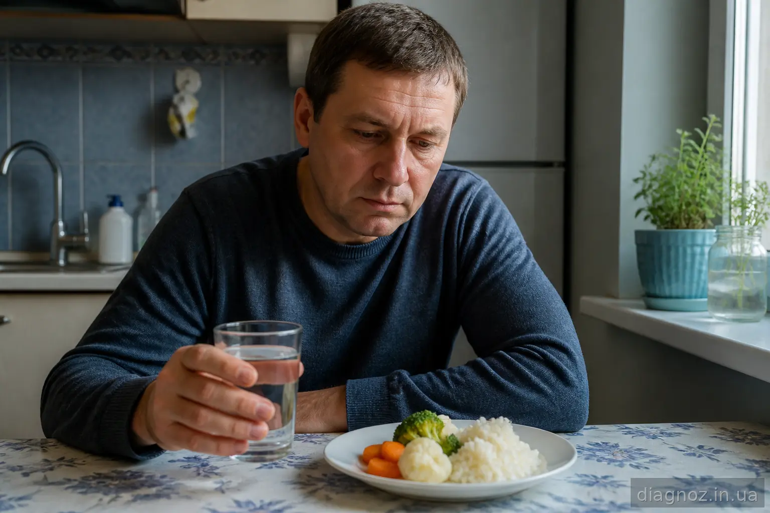Чоловік із дієтичною стравою під час лікування ентериту