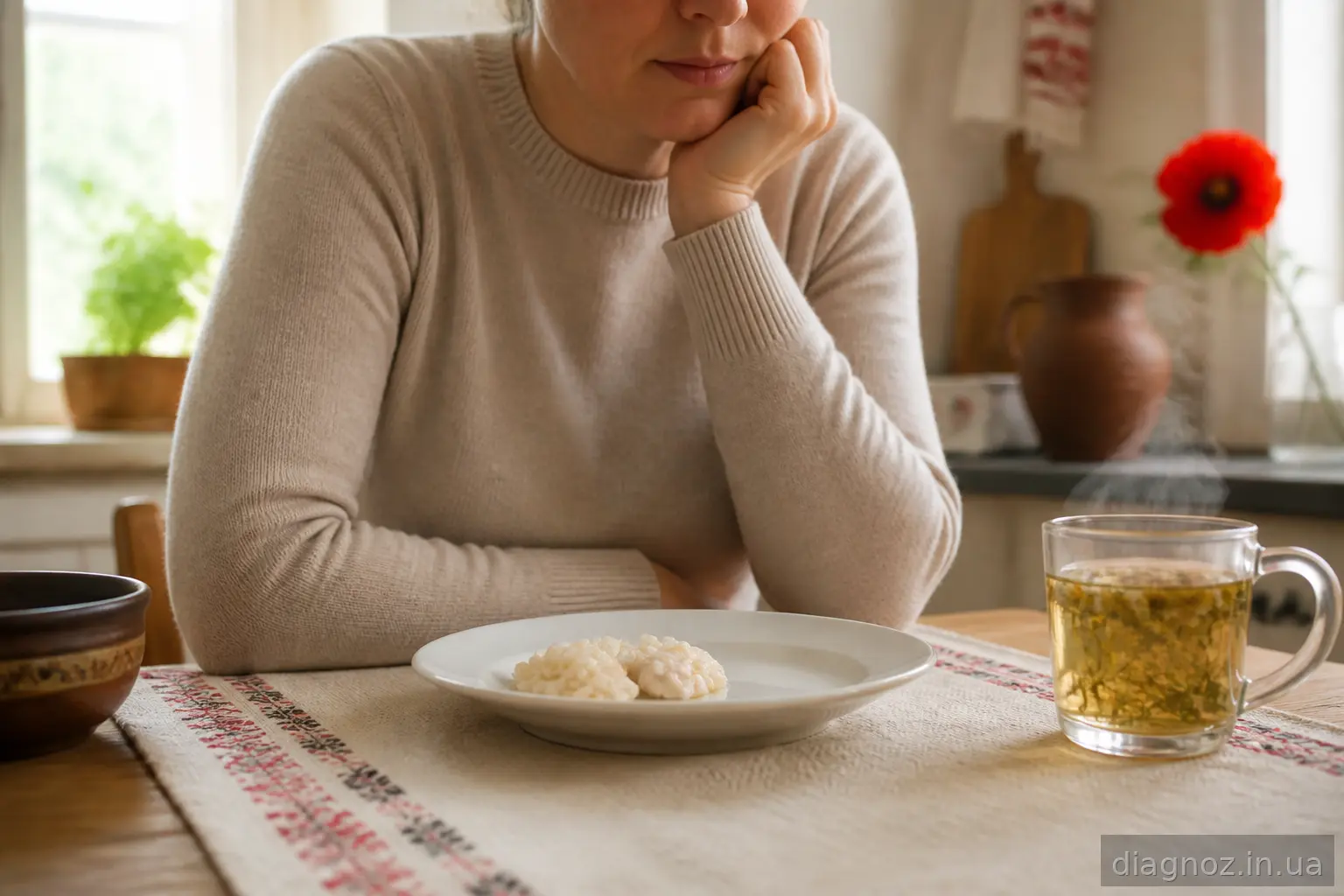 Людина обмірковує харчування при гастриті за кухонним столом