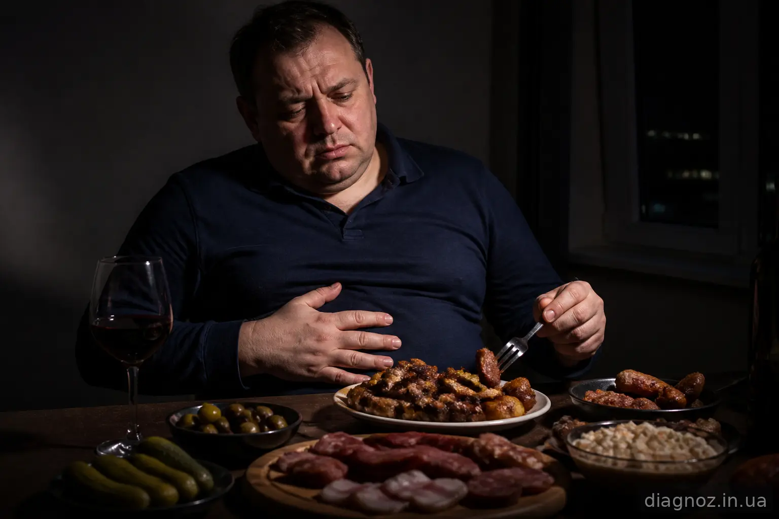 Чоловік вживає жирну їжу та алкоголь пізно ввечері, що підвищує ризик розвитку ГЕРХ
