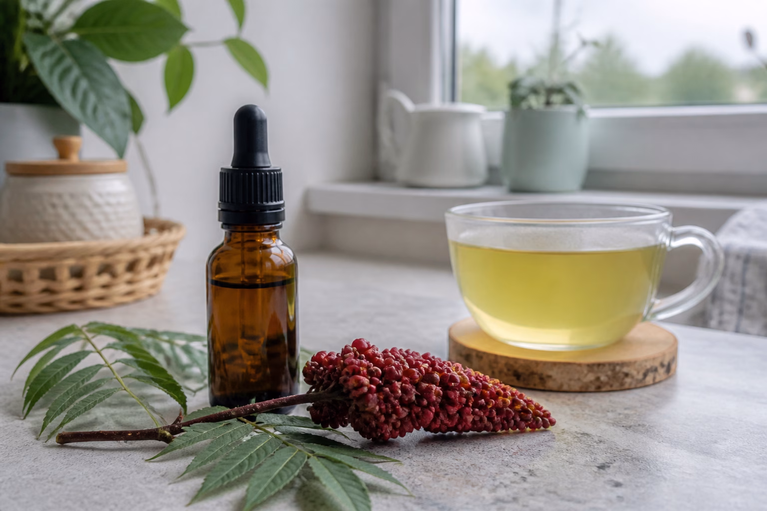 Флакон крапель Intoxic на кухонному столі поруч із гілочкою сумаху та чашкою зеленого чаю