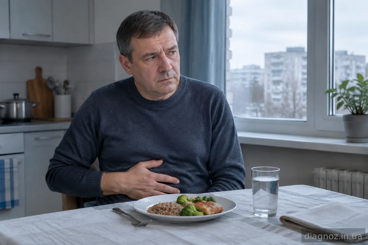 Чоловік середнього віку сидить за кухонним столом, поклавши руку на живіт