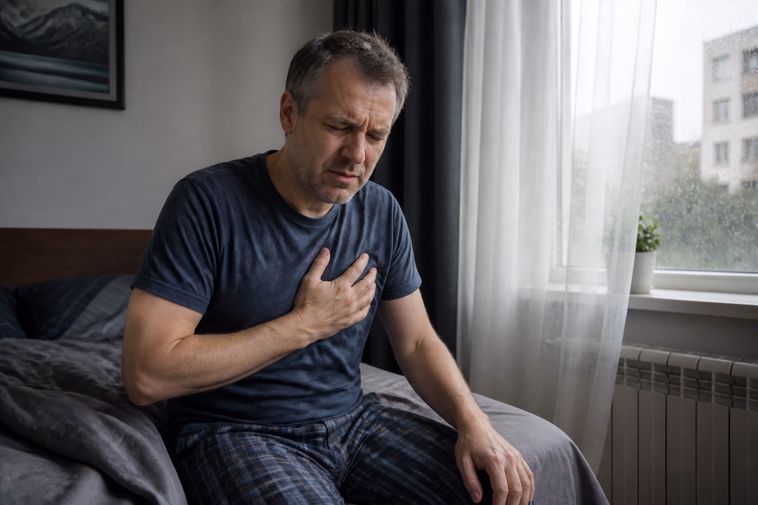Чоловік тримається за грудну клітку, сидячи на ліжку