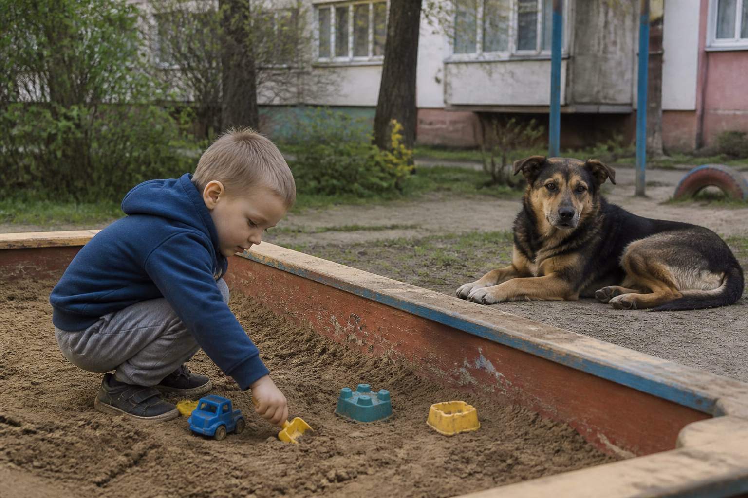 Дитина грається в пісочниці поруч із безпритульним собакою