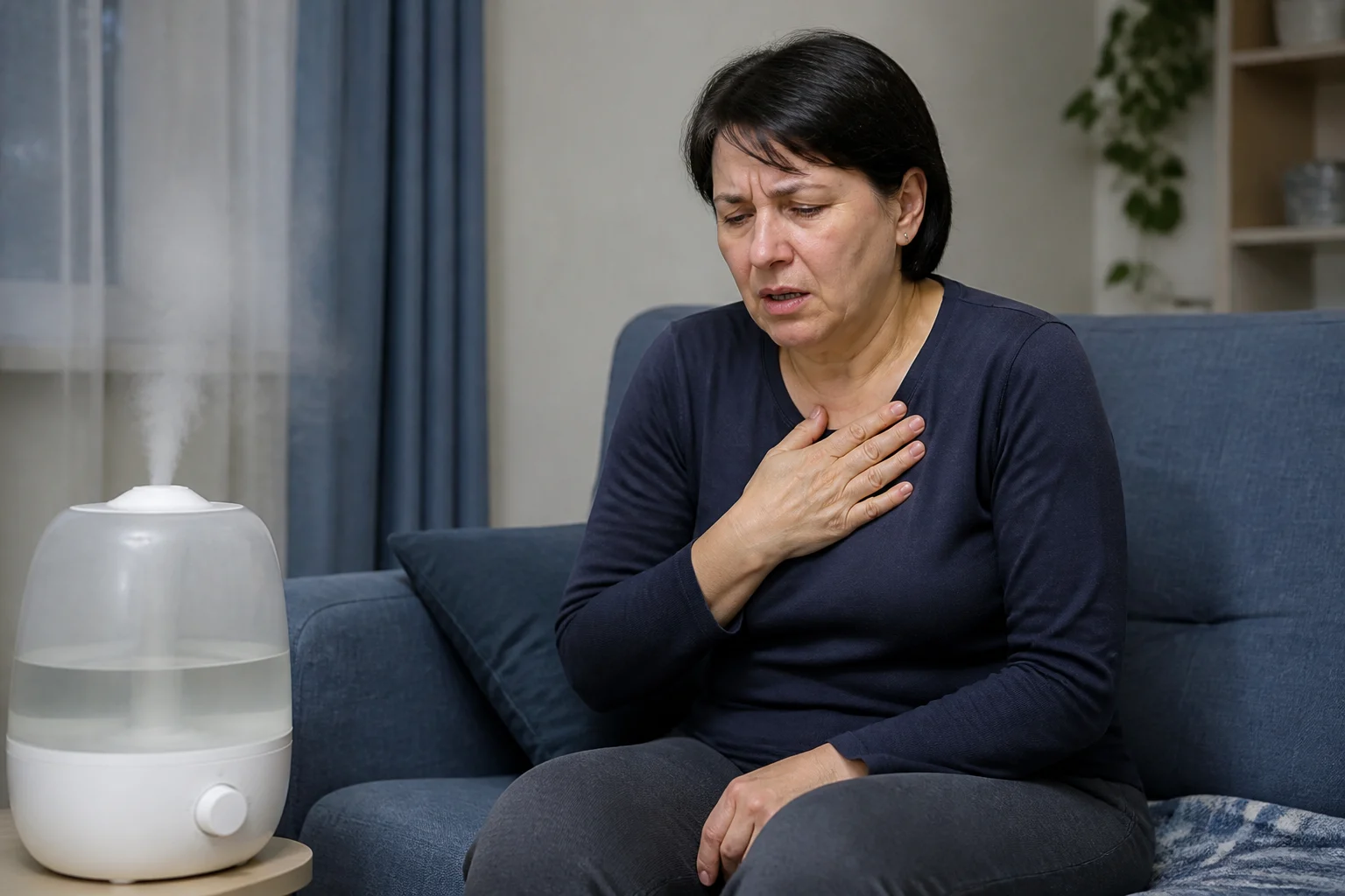 Жінка вдома з ознаками слабкості та болю в грудях, що може вказувати на симптоми легеневих гельмінтів