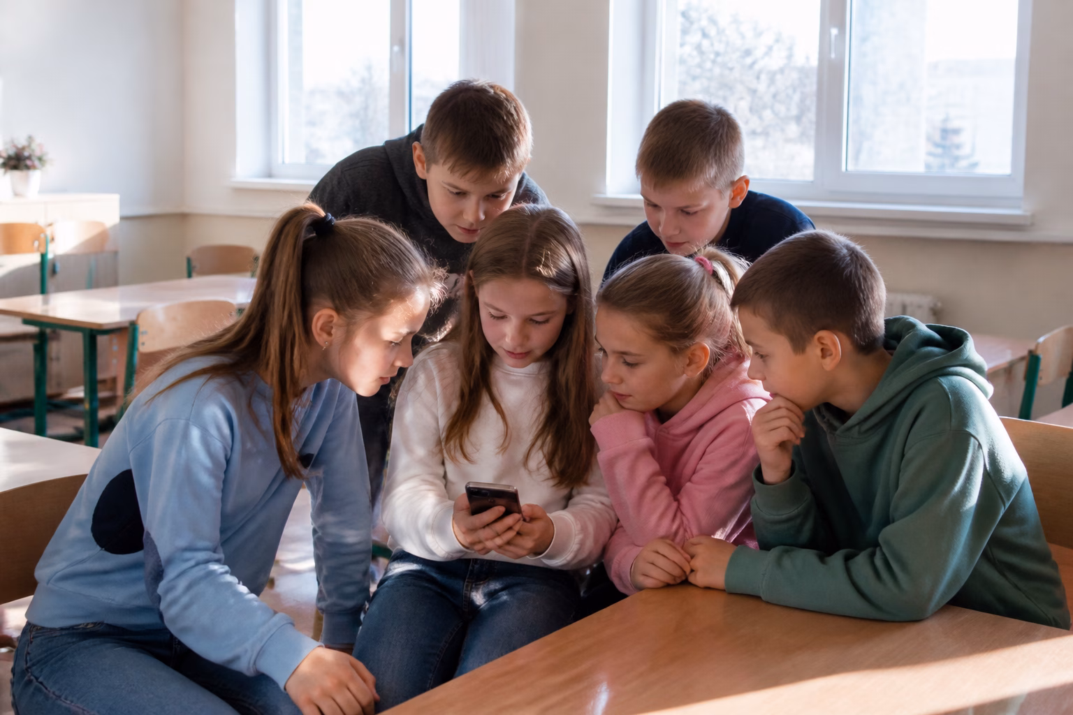 Діти схиляють голови одна до одної під час перегляду телефона