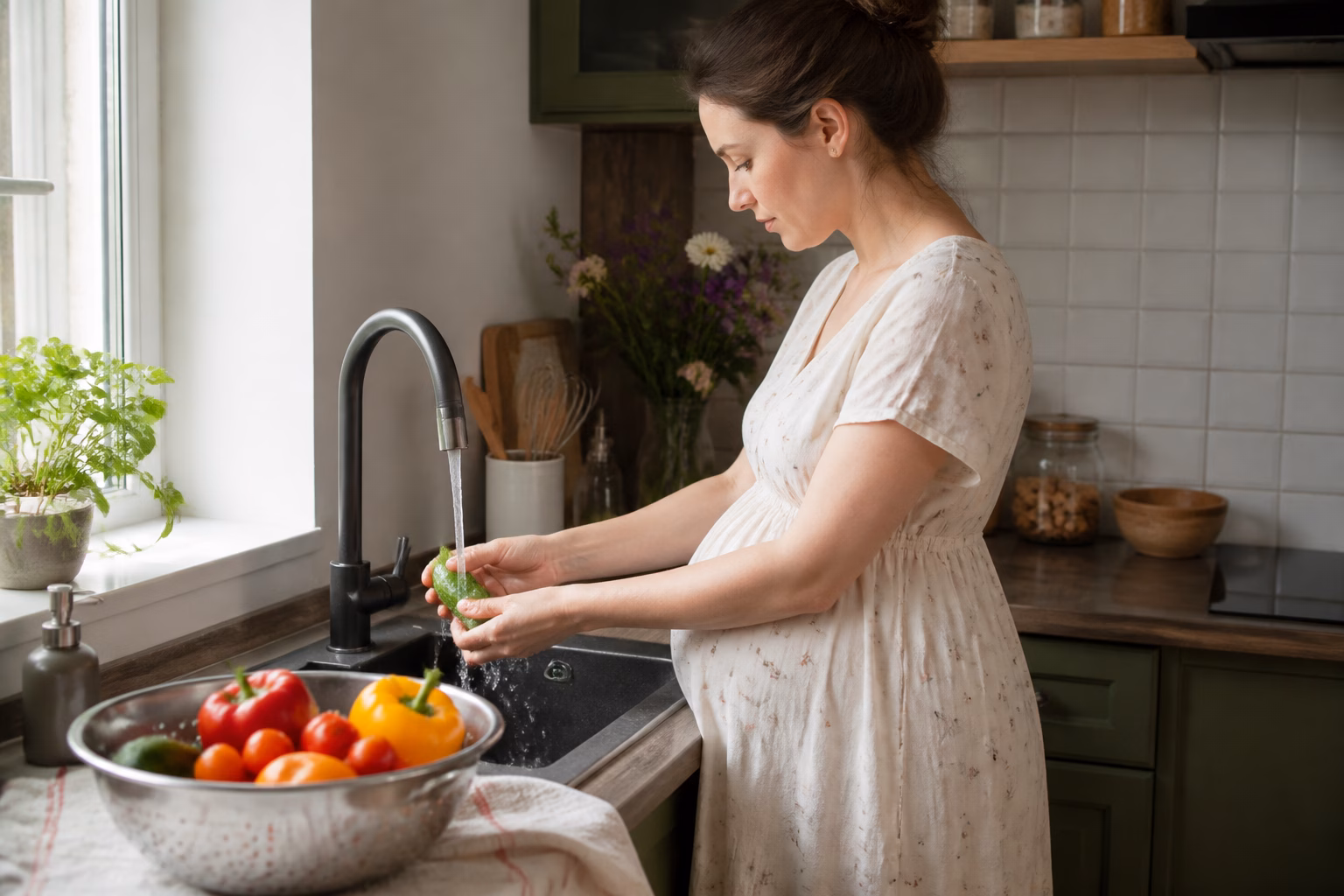 Вагітна жінка миє овочі на кухні, ілюстрація до розділу про профілактику гельмінтозів