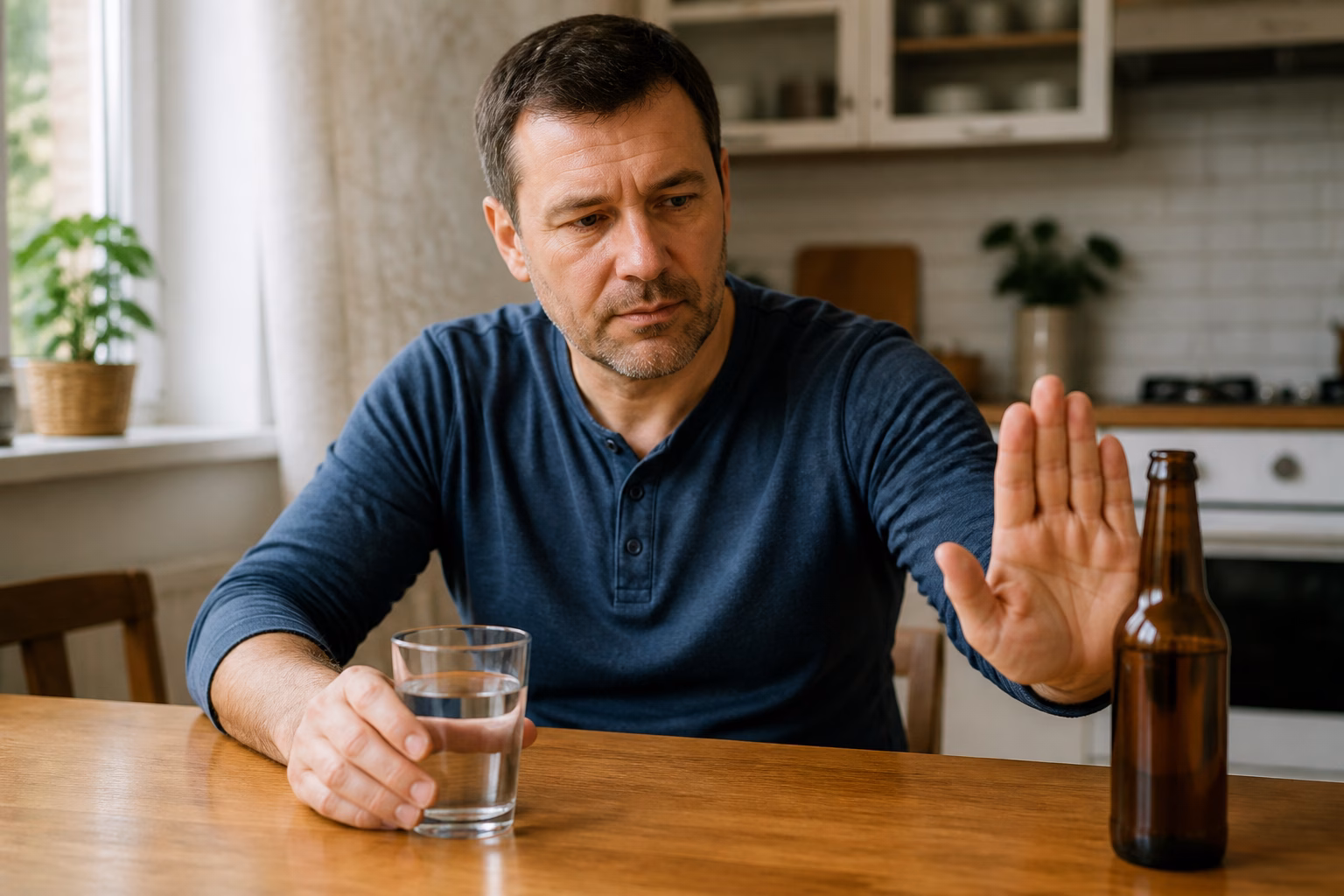 Чоловік відмовляється від пива на користь води під час лікування
