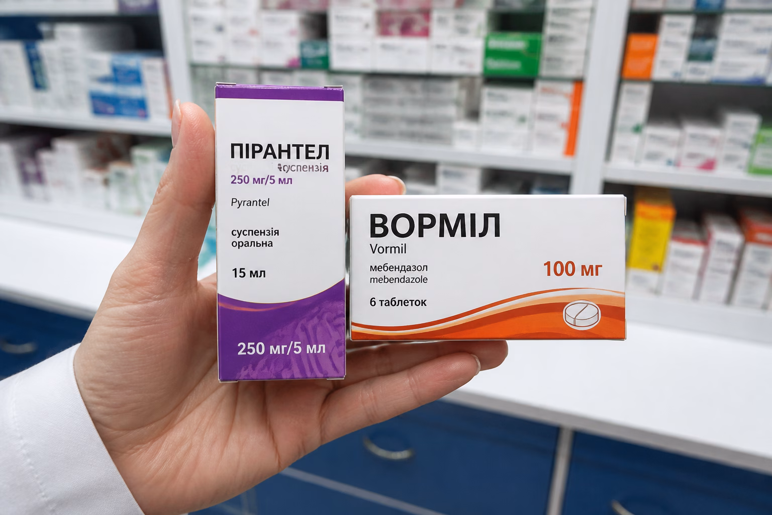 Фармацевт порівнює упаковки Пірантелу та Вормілу в аптеці
