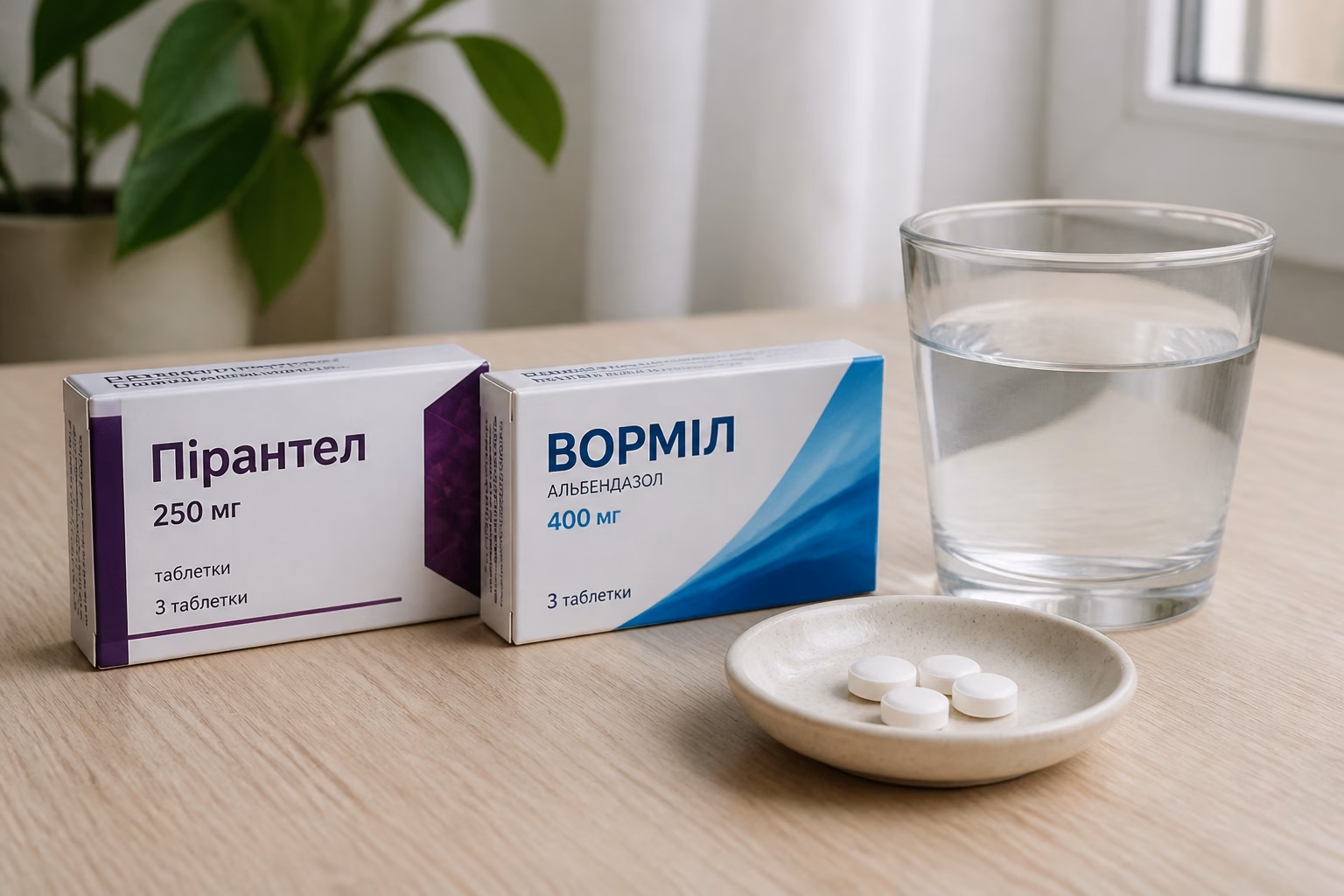 Упаковки Пірантелу та Вормілу на столі, поруч склянка води та таблетки