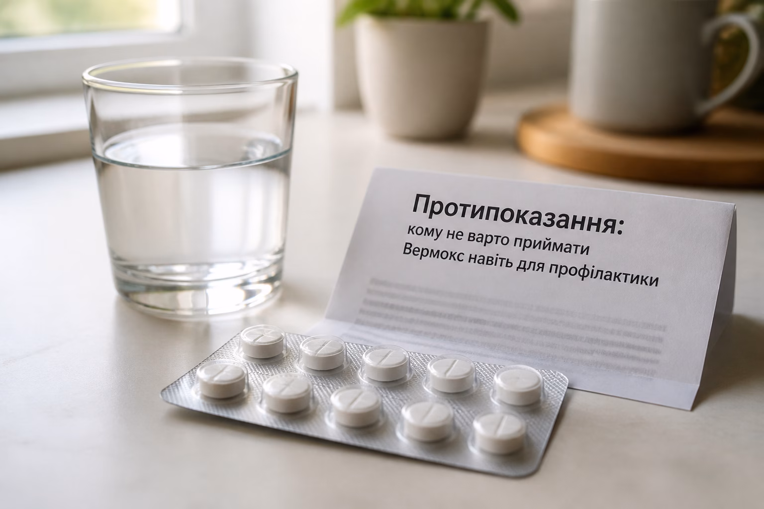 Упаковка таблеток Вермокс на столі зі склянкою води та інструкцією