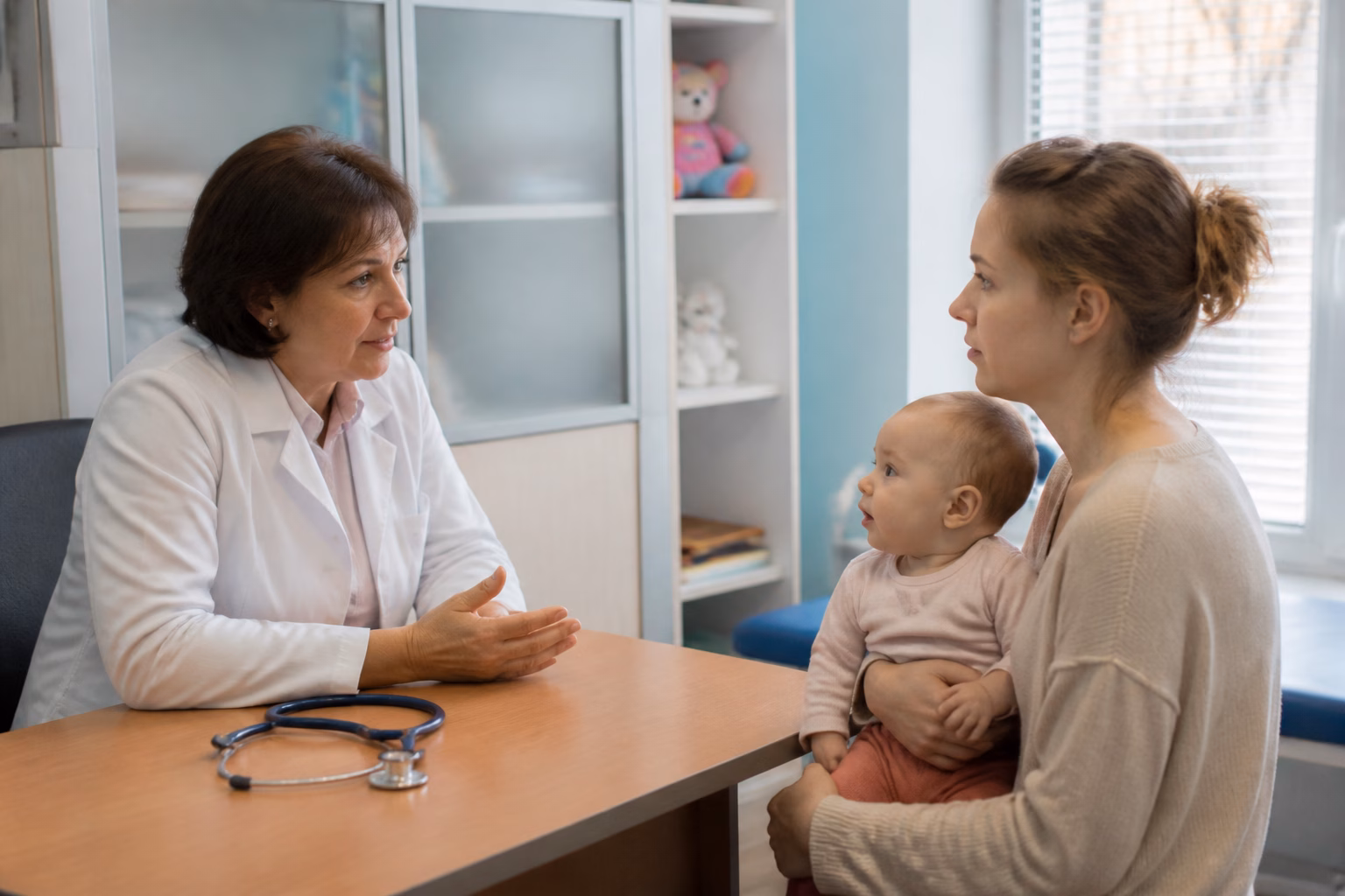 Педіатр спокійно консультує матір з дитиною у світлому кабінеті