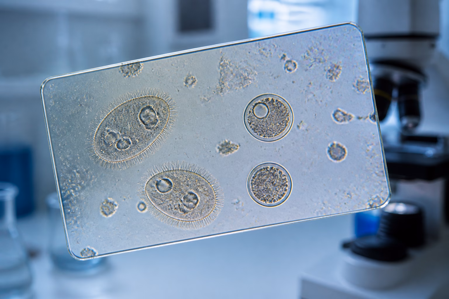 Мікроскопічне зображення Balantidium coli: трофозоїти та цисти