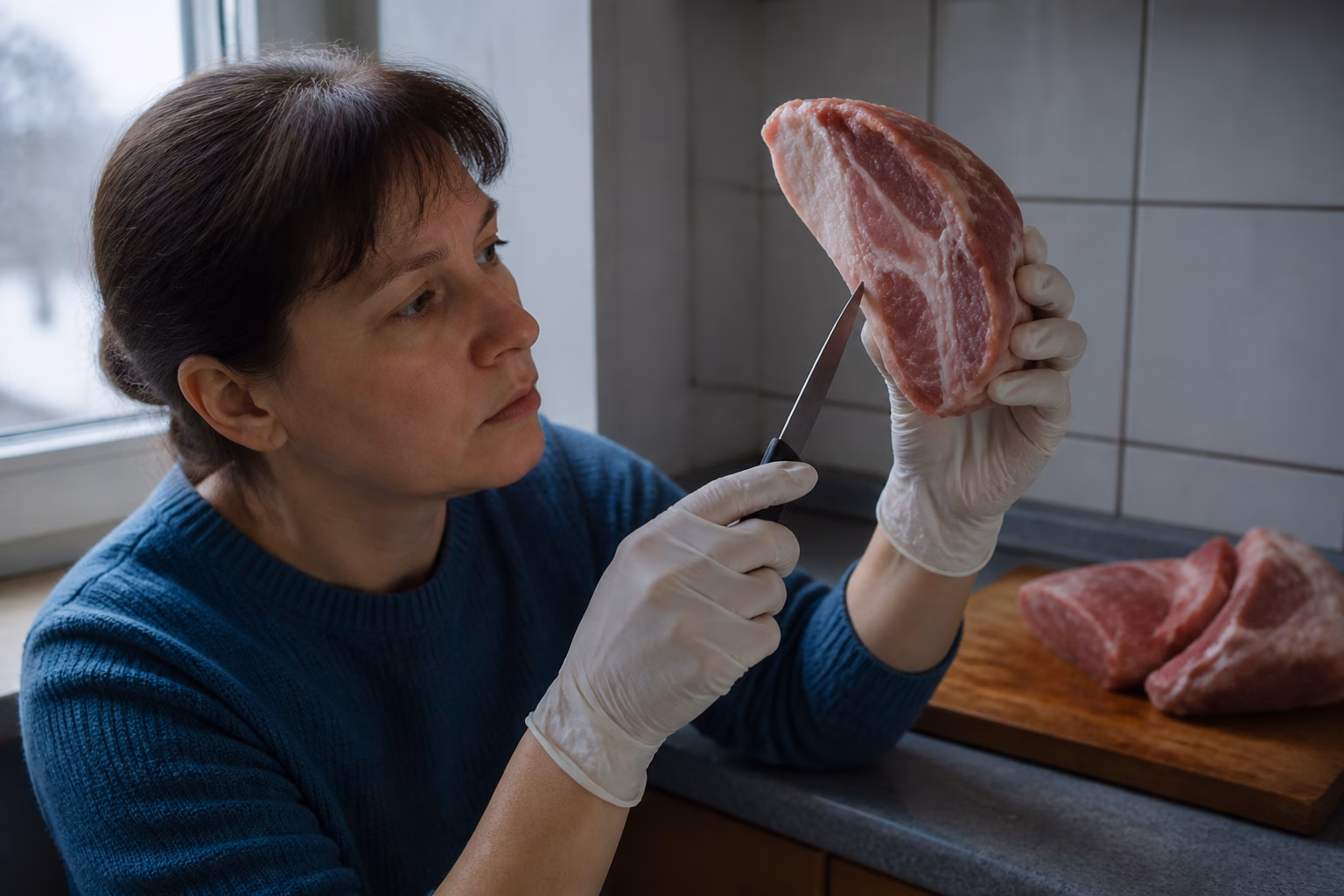Перевірка м'яса на кухні для запобігання зараженню трихінельозом