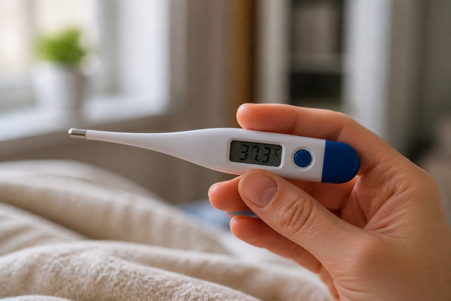 Електронний термометр показує субфебрильну температуру 37.3°C на тлі домашнього інтер'єру