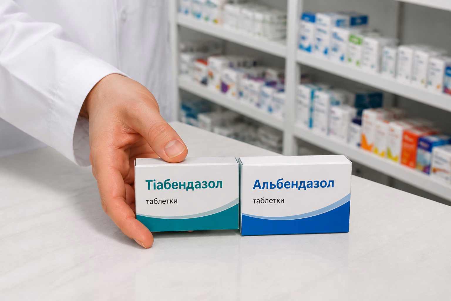 Рука фармацевта порівнює дві коробки ліків-аналогів на прилавку аптеки