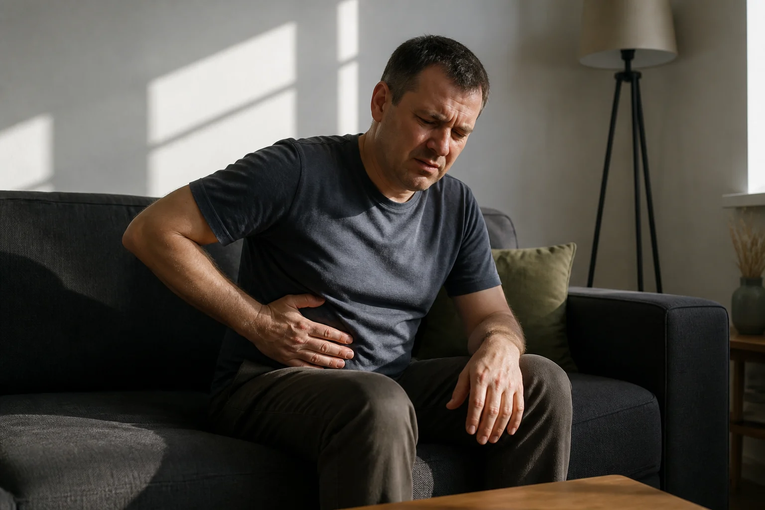 Чоловік відчуває біль у правому підребер'ї, що є симптомом трематодозу