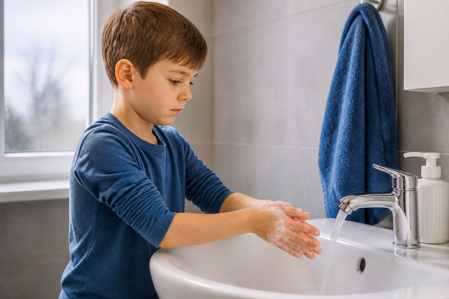 Дитина миє руки з милом для профілактики гельмінтозів
