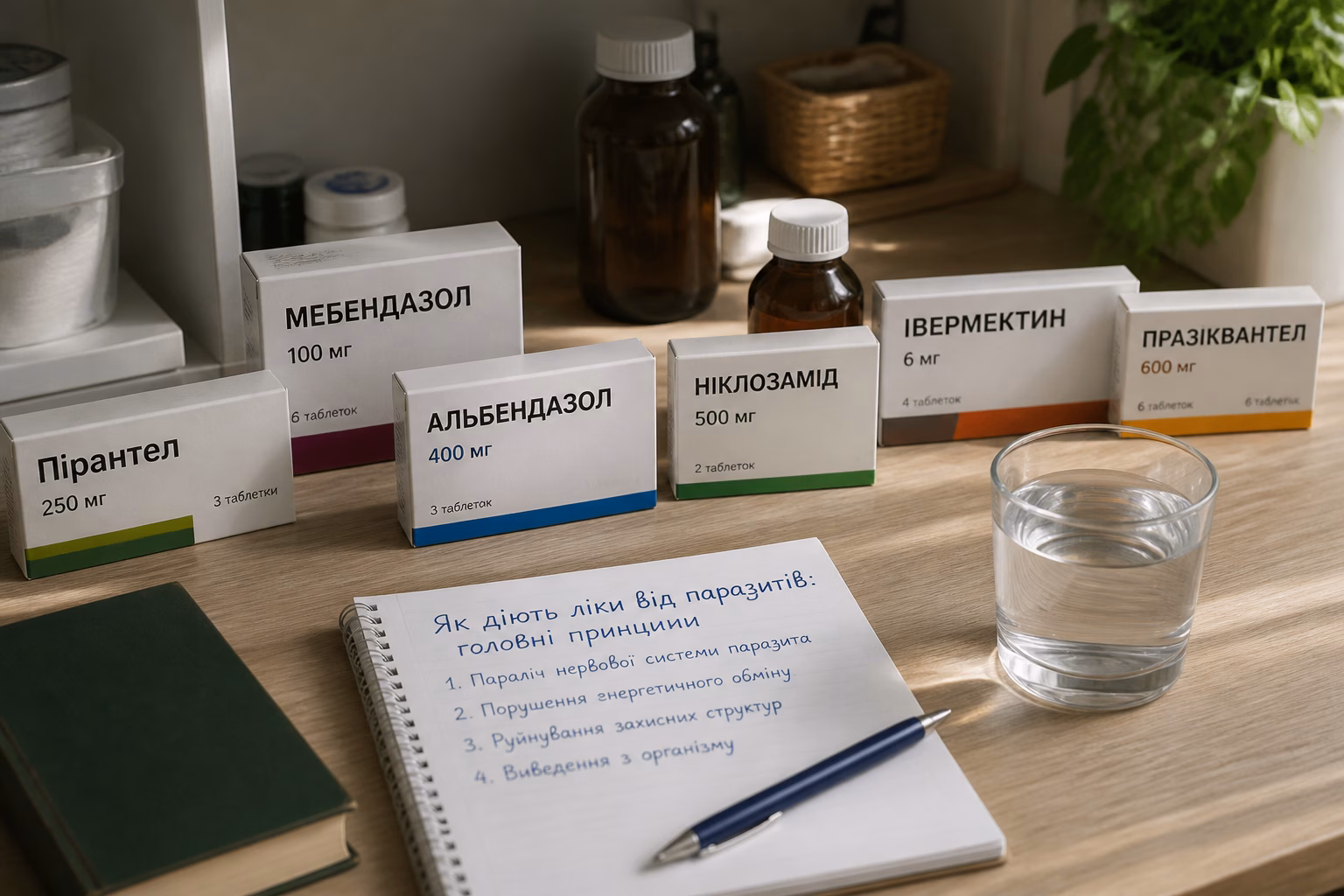 Домашня аптечка з протипаразитарними препаратами, склянка води та блокнот