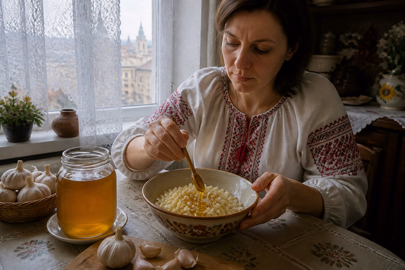 Жінка готує часниково-медову суміш на кухні