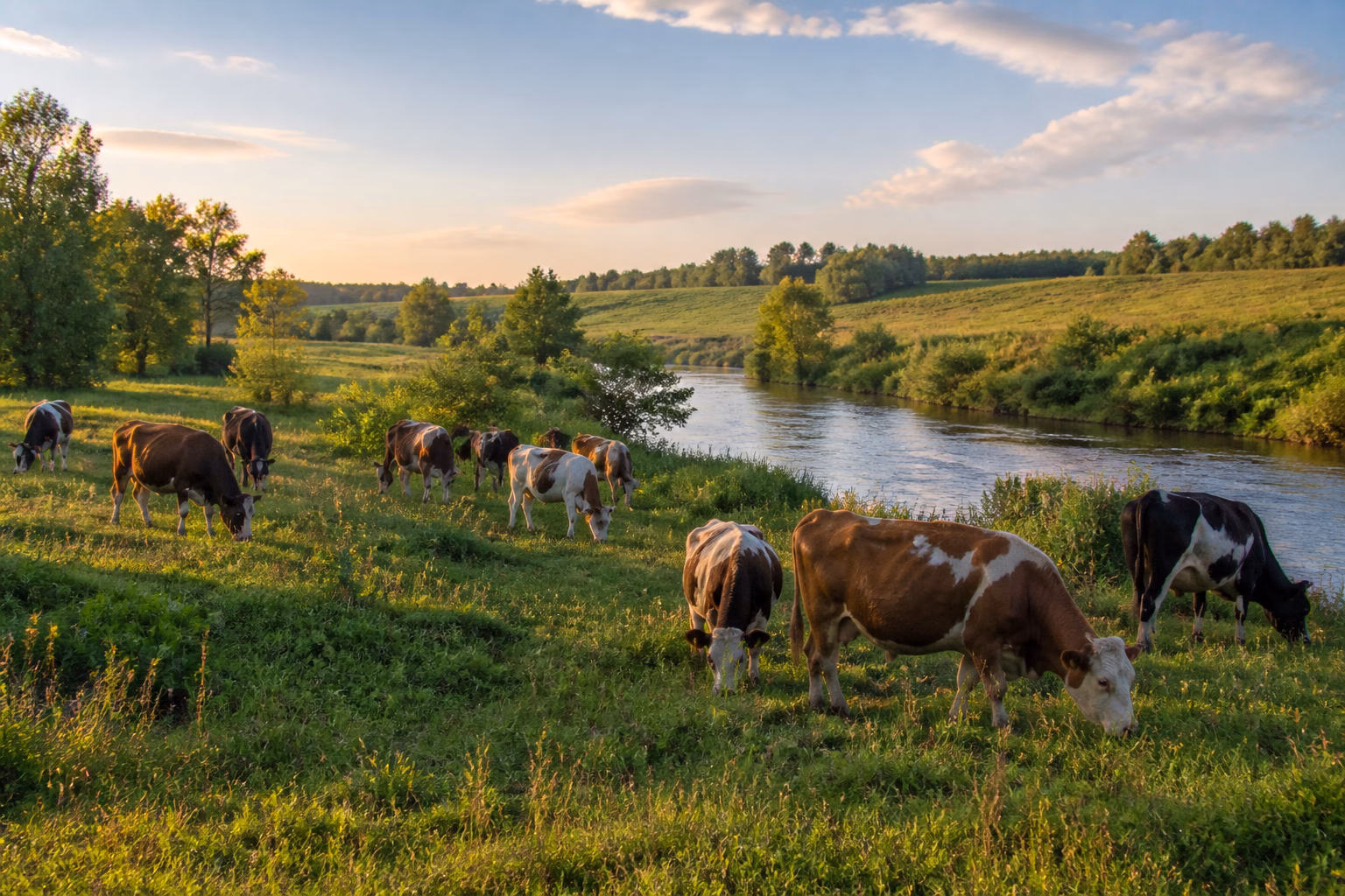 Стадо корів пасеться на лузі біля річки