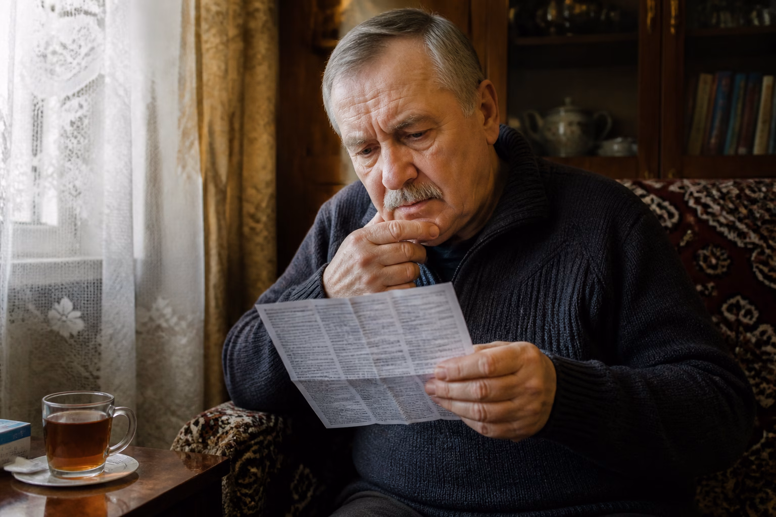 Літній чоловік читає інструкцію до Німесилу у вітальні