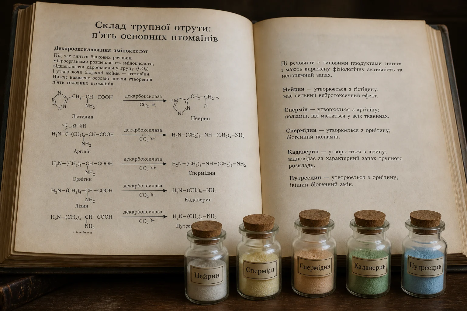 Відкритий підручник з анатомії з ілюстрацією декарбоксилювання амінокислот і п'ять скляних флаконів із порошками