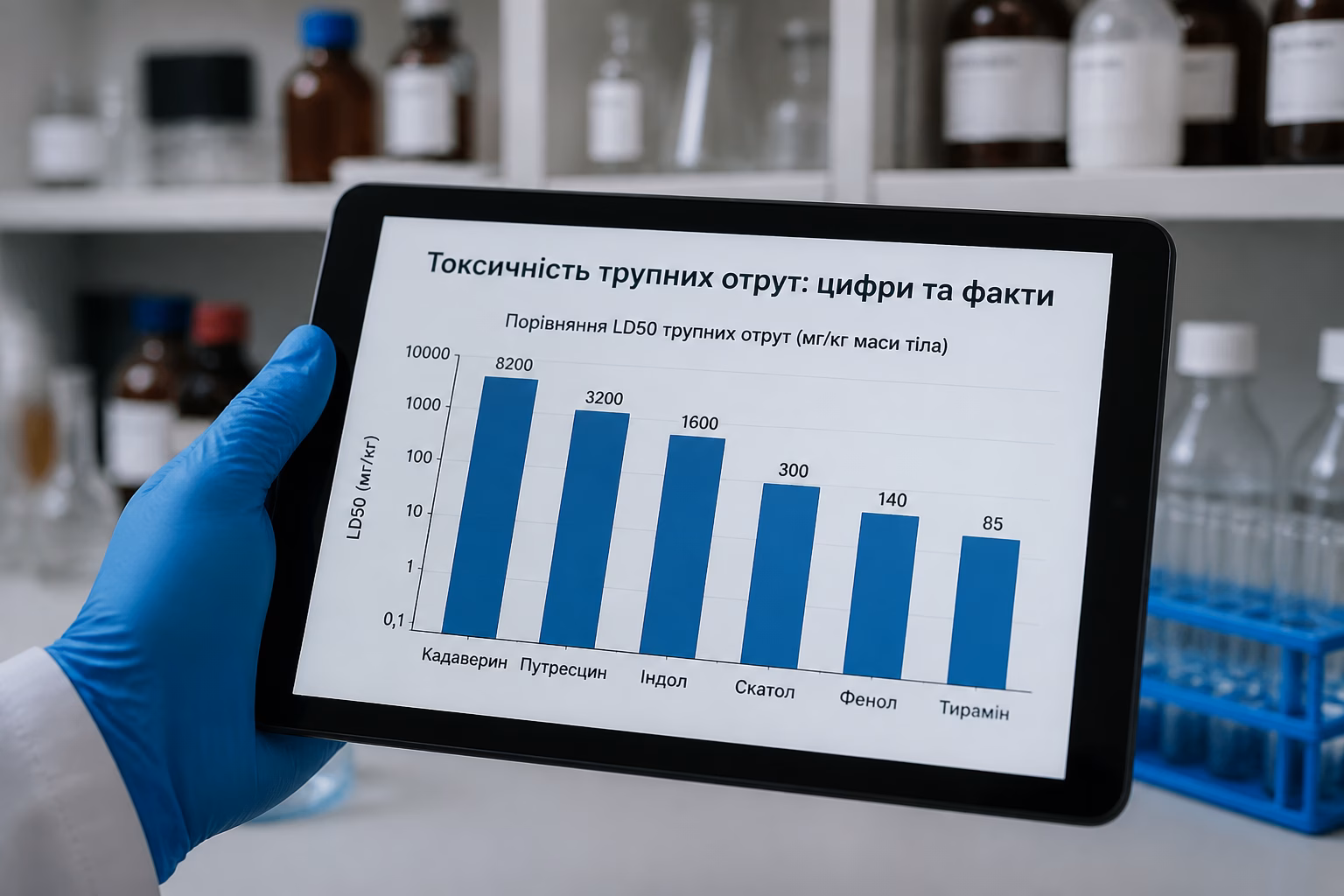 Рука в рукавичці тримає планшет із діаграмою порівняння токсичності птомаїнів