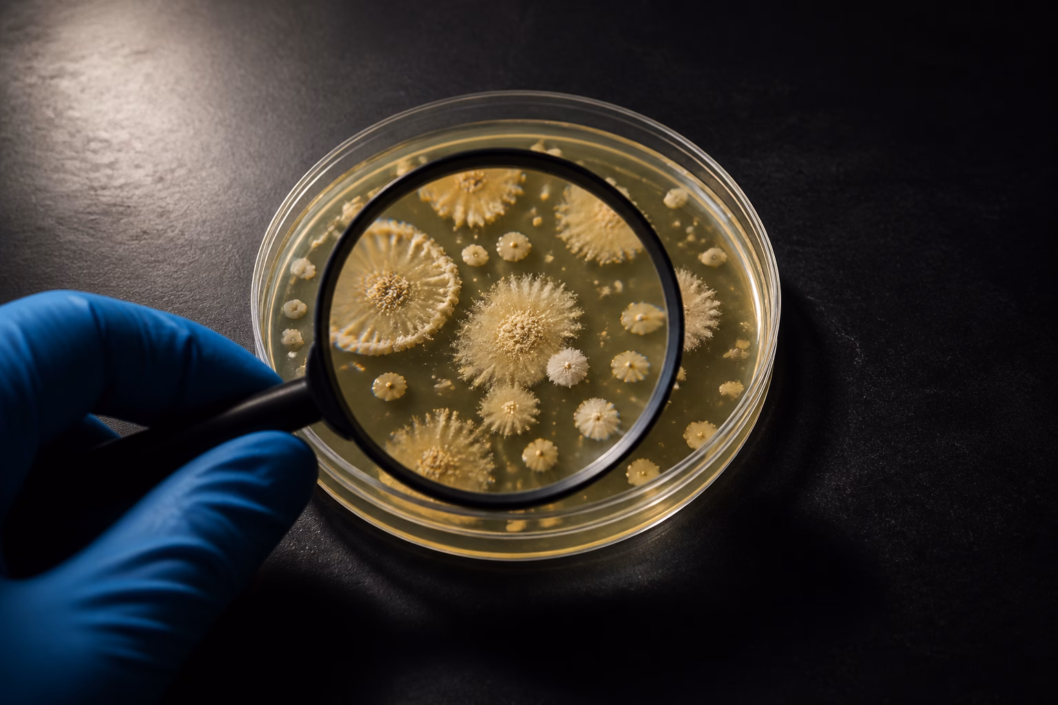 Чашка Петрі з колоніями бактерій Clostridium під збільшувальним склом