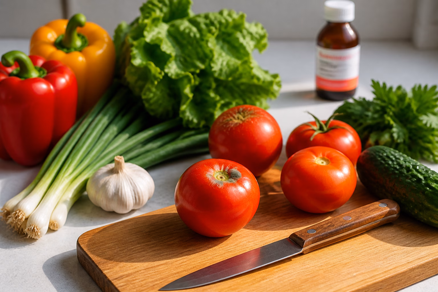Продукти на кухонному столі з пляшкою Ентерофурилу на задньому плані