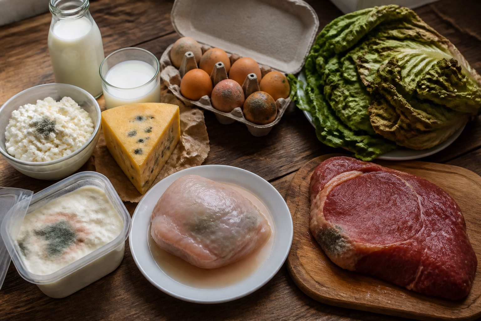 Продукти на столі, деякі зіпсовані