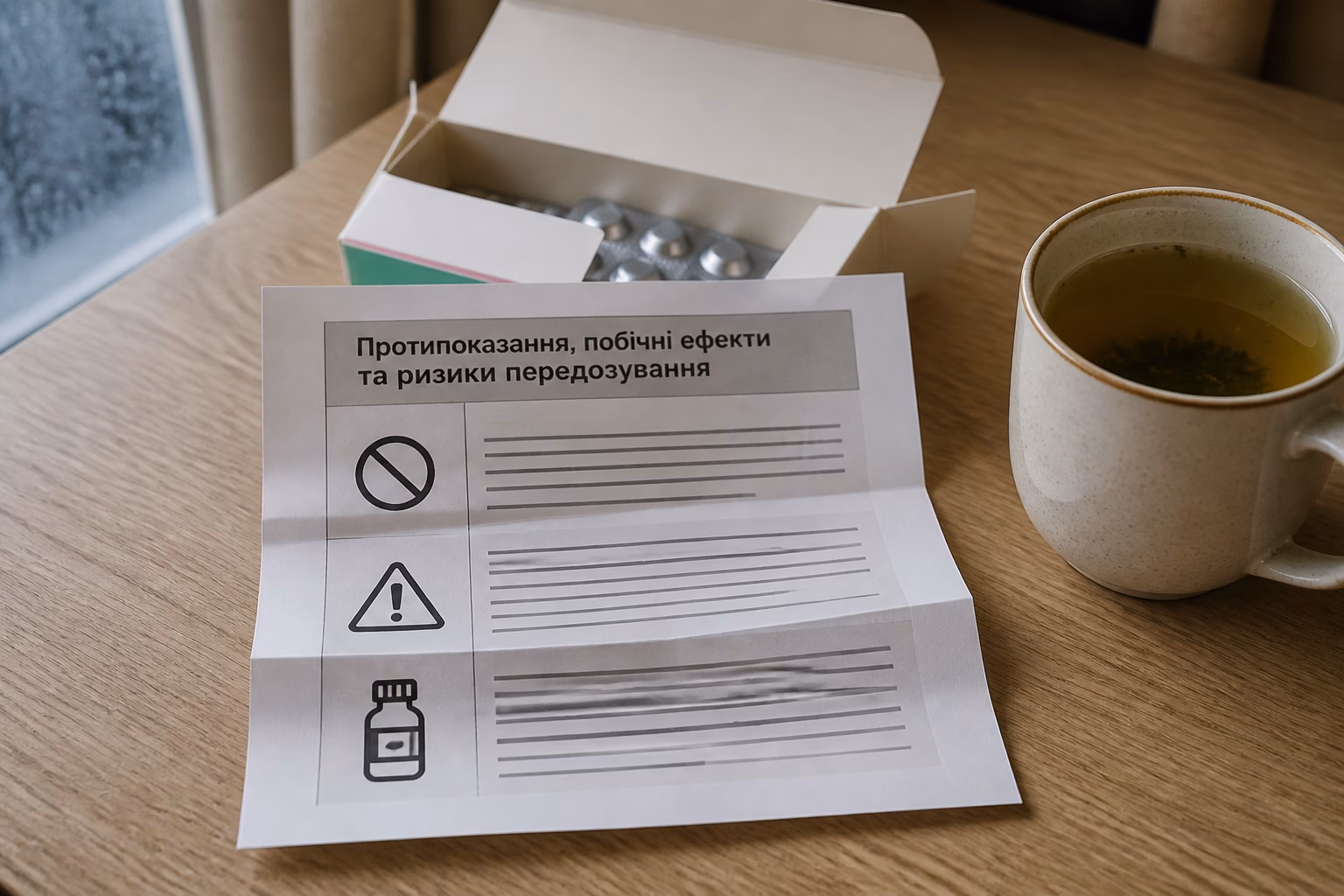 Розгорнута інструкція до Мезиму поруч із чашкою трав'яного чаю