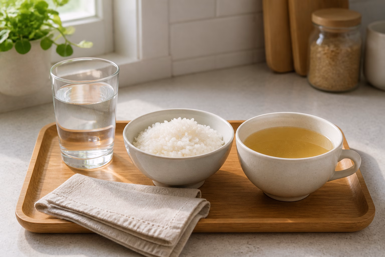 Піднос зі склянкою води, мискою білого рису та чашкою курячого бульйону