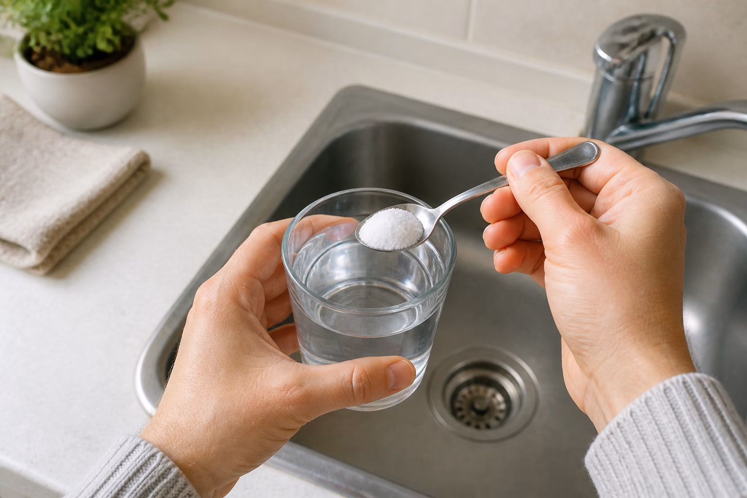Руки, що тримають склянку з солоною водою для промивання шлунка
