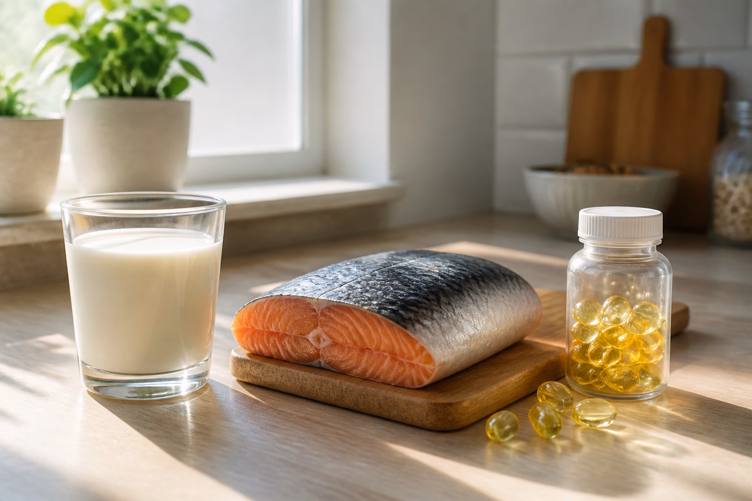 Продукти, багаті на вітамін D, на кухонному столі при денному світлі