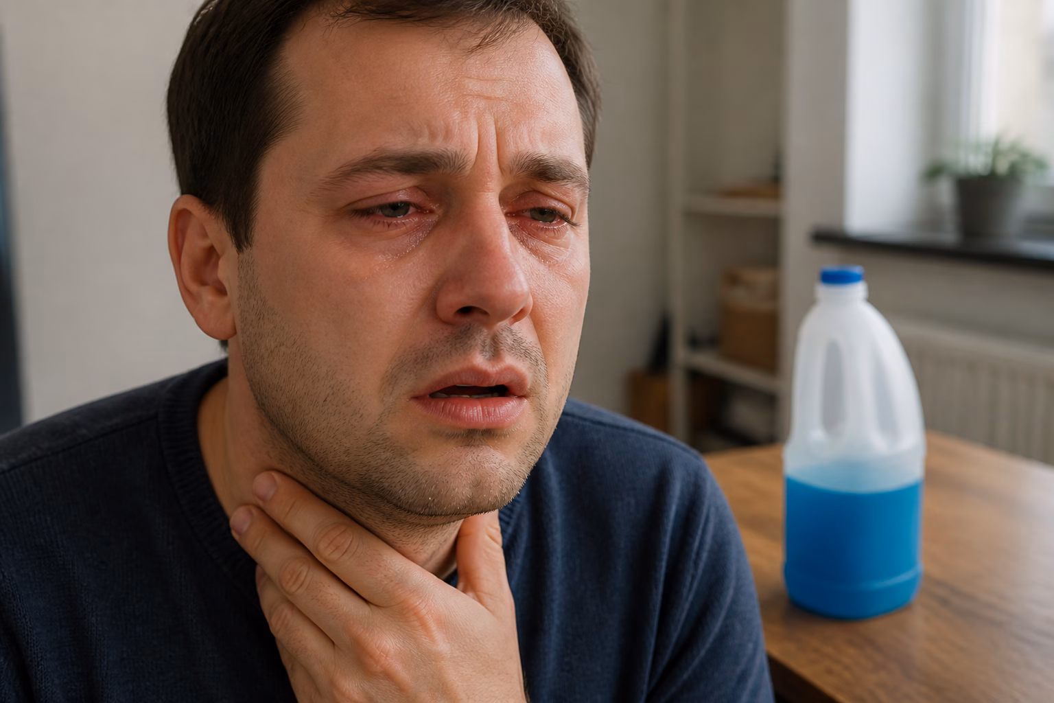 Чоловік з почервонілими очима та подразненим горлом після вдихання парів аміаку