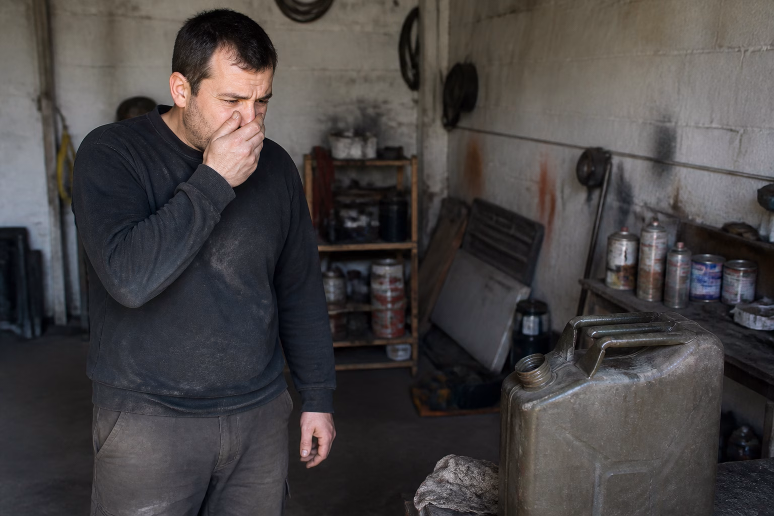 Чоловік, який вдихає пари бензину в гаражі, відчуваючи симптоми отруєння