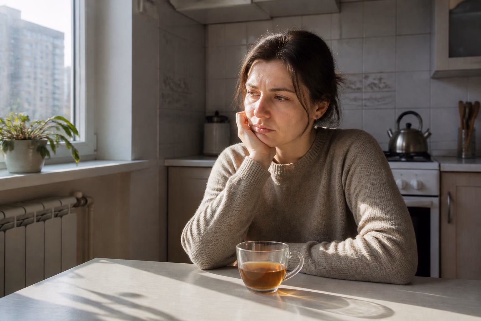 Жінка на кухні з задумливим виразом обличчя, що символізує внутрішній емоційний конфлікт.