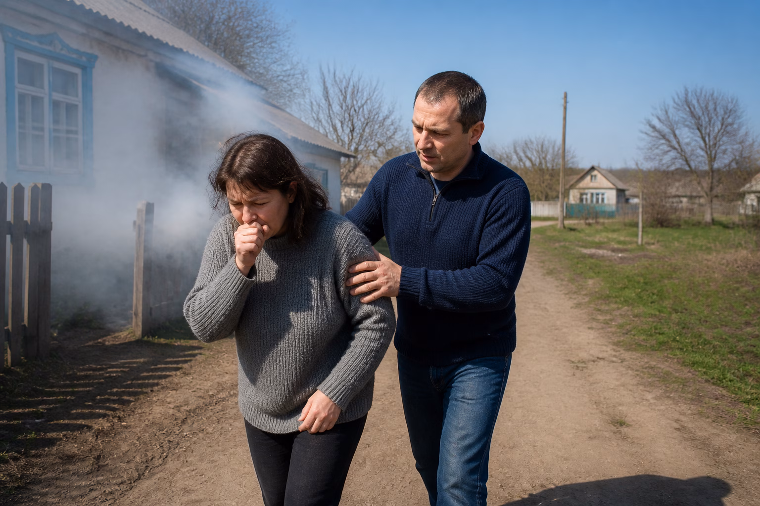 Чоловік виводить жінку із задимленої зони на свіже повітря.