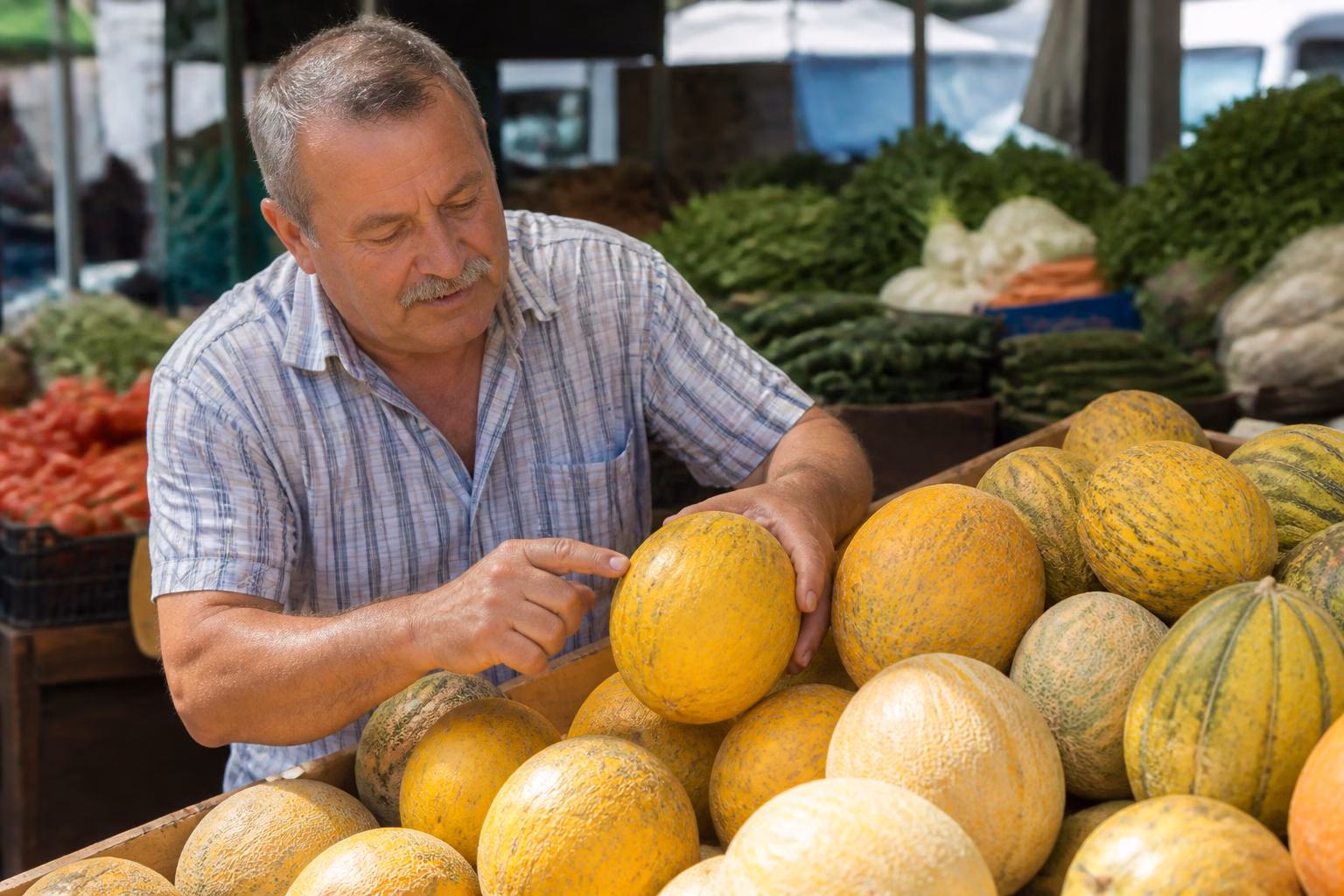 Продавець на ринку перевіряє диню на стиглість
